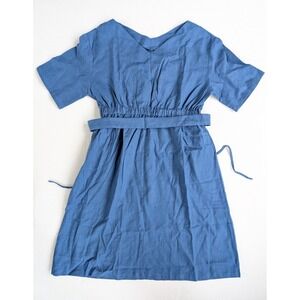 Lintico Serena Dress Womens Medium NWT Blue Linen V-Neck Fabric Belted